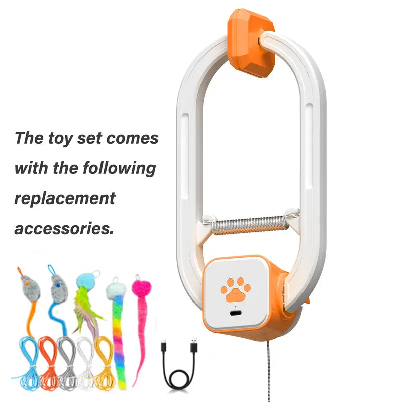 HAPPYCODE Rechargeable Clip-On Door-Mounted Electric Cat Interactive Toy - Dual Mode Upgrade (Blue), 2 Modes, Adjustable Lengths, 5 Plush Toys Set, Durable, Safe, Skin-Soft, Flexible Mounting, Indoor Use, Engagement & Stress Relief Accessory