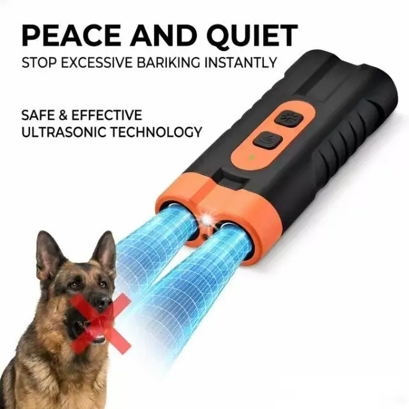Humane & Safe Ultrasonic Dog Barking Deterrent Training Tool - 2-In-1 Usb-Rechargeable Device with Dual Emitters, 50Ft Range, 25Khz Frequency, Flashlight, Portable Grip, Wrist Strap, Accessory Kit for Indoor & Outdoor Training, Safe Behavior Correction