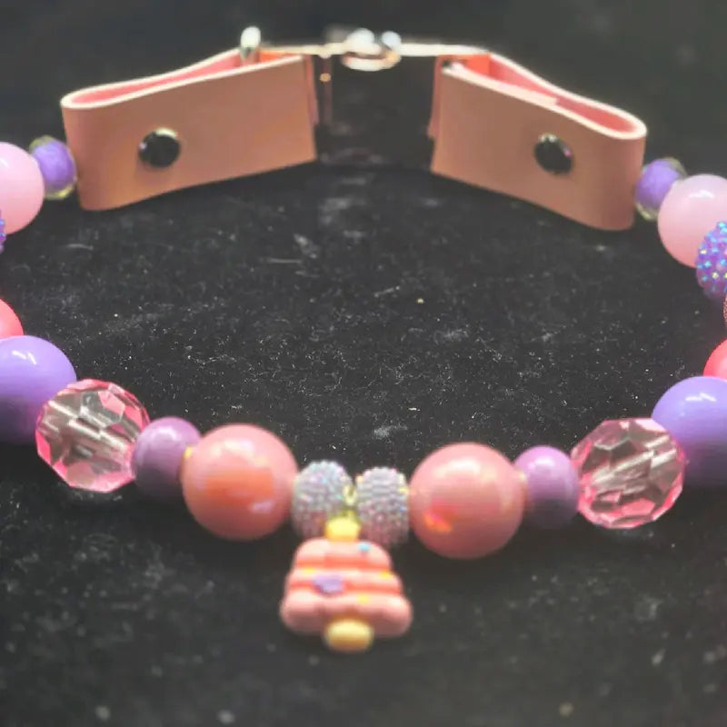Nomnoms Barkery + Bead Pet Collar with Metal Buckle (Leash-Friendly) in Pastel Pink & Purple Christmas Theme for Cats and Dogs Pet Collar