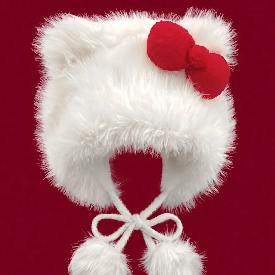 Cute Cat Ear Design Pom Pom Decor Plush Hat, Acrylic Hat, Fashion Beanie Hat, Insulated Hat, Cute Earflap Hat, New Style Bowknot Design Warm Hat for Fall & Winter, Casual Headwear, Fashion Accessories for Women #GLOBAL PICKS