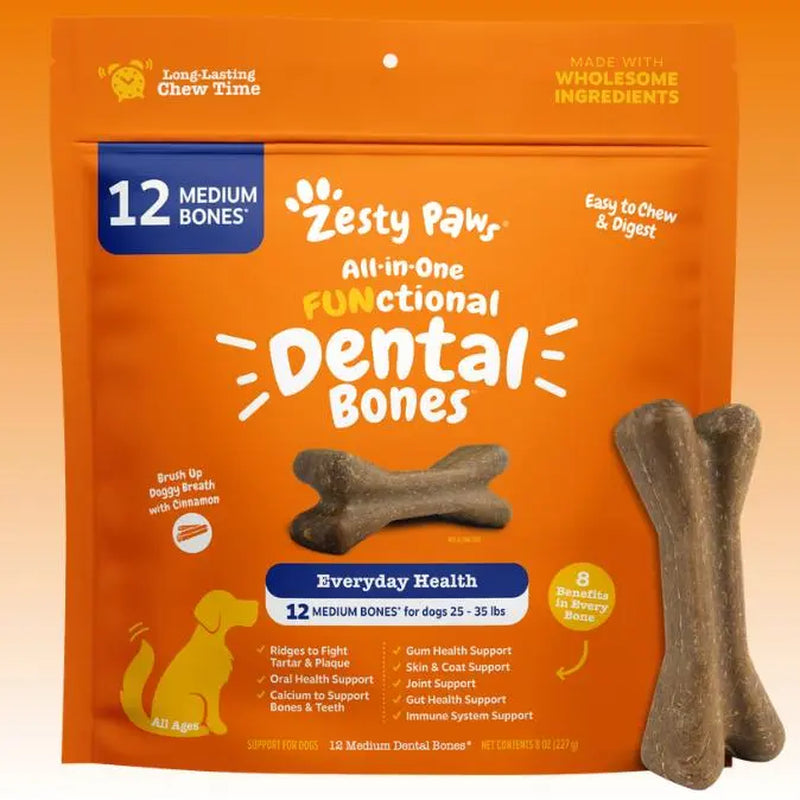 Zesty Paws All-In-One Functional Dental Bones for Medium Sized Dogs 25-35 Lbs - Cinnamon Flavor Oral Health & Fresh Breath Support - Feeding