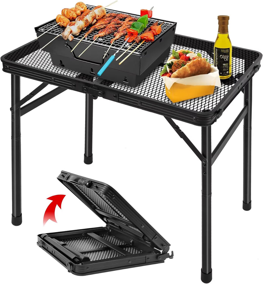 Lightweight Folding Grill Table with Mesh Desktop, Camping Table Folding Portable Camp Aluminum ,Picnic, Backyard, BBQ, Patio, Black