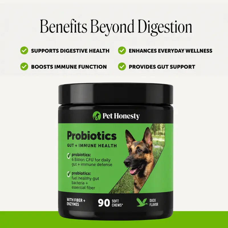 Pet Honesty Probiotics Gut + Immune Health with Prebiotics & Enzymes Duck Flavored Soft Chews Digestive Supplement for Dogs, 90 Count