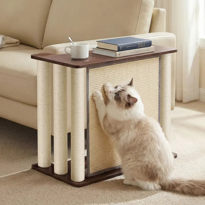Veehoo Right-Facing Cat Scratch + Table - 1-Piece Engineered Wood, 1-Piece Wood Base, Black Walnut Pet Corner End Table, Space-Saving Freestanding Couch Protector, Solid Sisal Panel & Posts, Remote + Coffee Spot, Easy Assembly, 28.3"H X 15.7"W X 23.6"L
