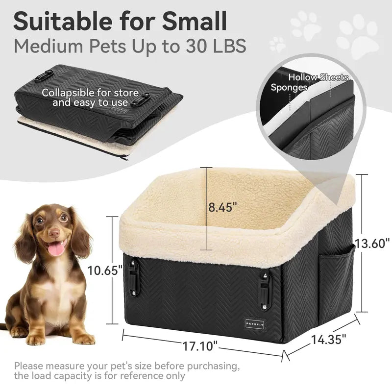 PETSFIT Dog Booster Car Seat for Small-Medium Dogs up to 30 Lbs - Waterproof PU Leather & Oxford Fabric, Patented Safe Buckle, Comfortable Detachable Washable Cushion, 2 Pockets, Detachable Leash, Foldable Storage, 5.1" View Boost (Black),Familyfun