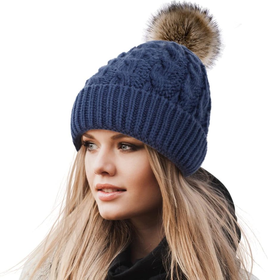 Women'S Winter Soft Knit Beanie Hat with Faux Fur Pom Pom Warm Skull Cap Beanies for Women