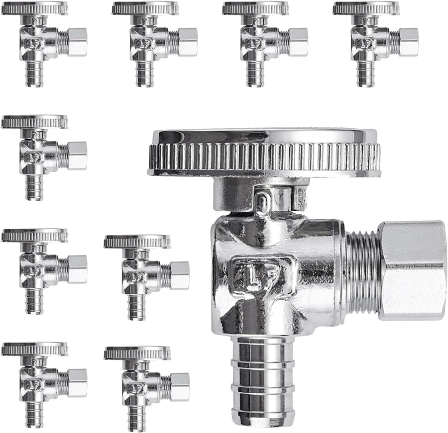 10 Pack Premium LF Brass 1/2 Inch Pex X 3/8 Inch OD Compression Quarter Turn Angle Stop Valve