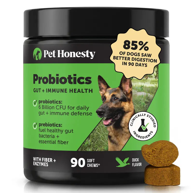 Pet Honesty Probiotics Gut + Immune Health with Prebiotics & Enzymes Duck Flavored Soft Chews Digestive Supplement for Dogs, 90 Count