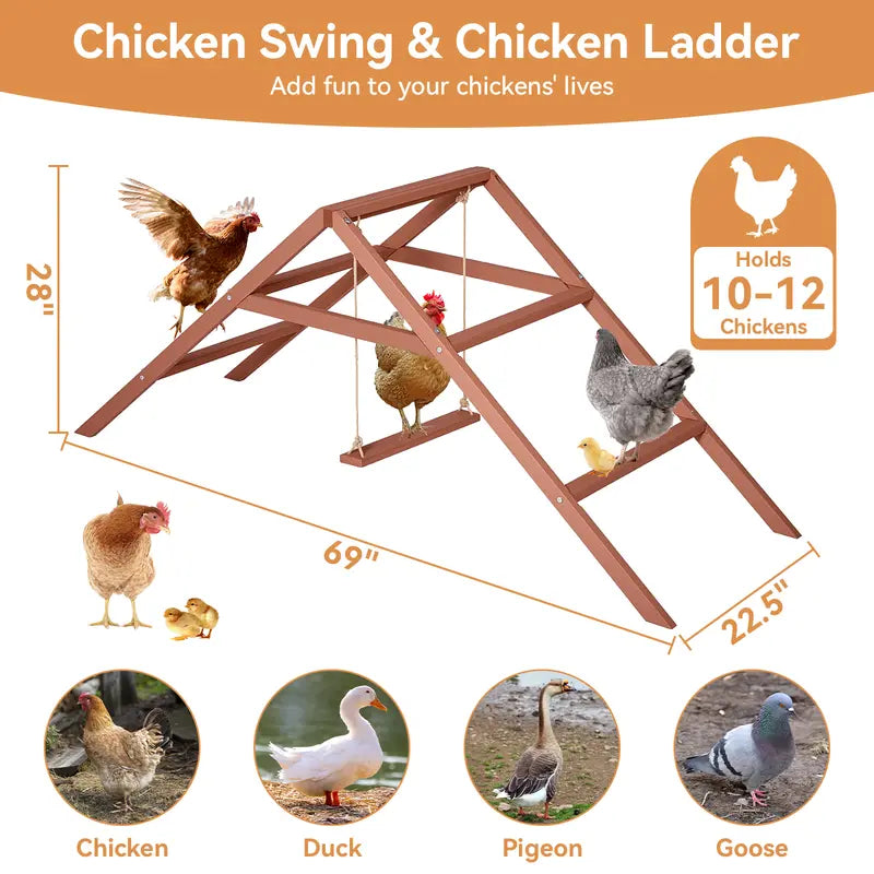 PETSFIT Wooden Chicken Perch & Swing - 3-Layer Weather-Resist Fir Wood Perch, Waterproof, Pre-Drilled Install, Damp Wipe Clean, Boosts Exercise for Healthy Legs, 69" Room for 10-12 Birds, Outdoor Chicken Coop Setup