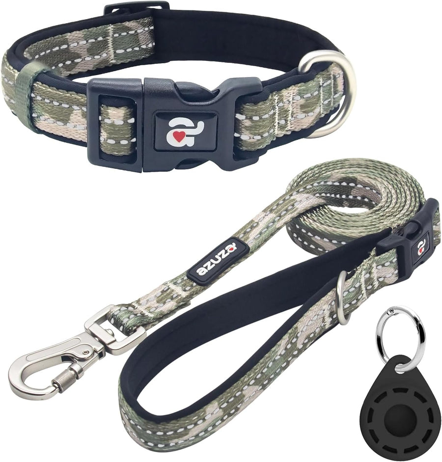 Reflective Dog Collar and Leash Set with Airtag Holder, Green Camo Padded Collar with Matching Clip Handle Leash for Small Dogs