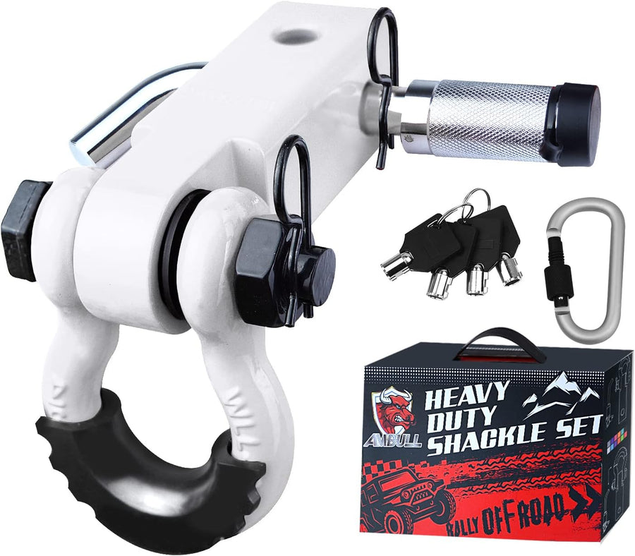Shackle Hitch Receiver & Towing Hitch Lock, with 3/4 Inch D-Ring Shackle, 2 Insurance Pins, Weatherproof Anti-Theft Lockable Heavy Duty Solid Recovery Kit - White