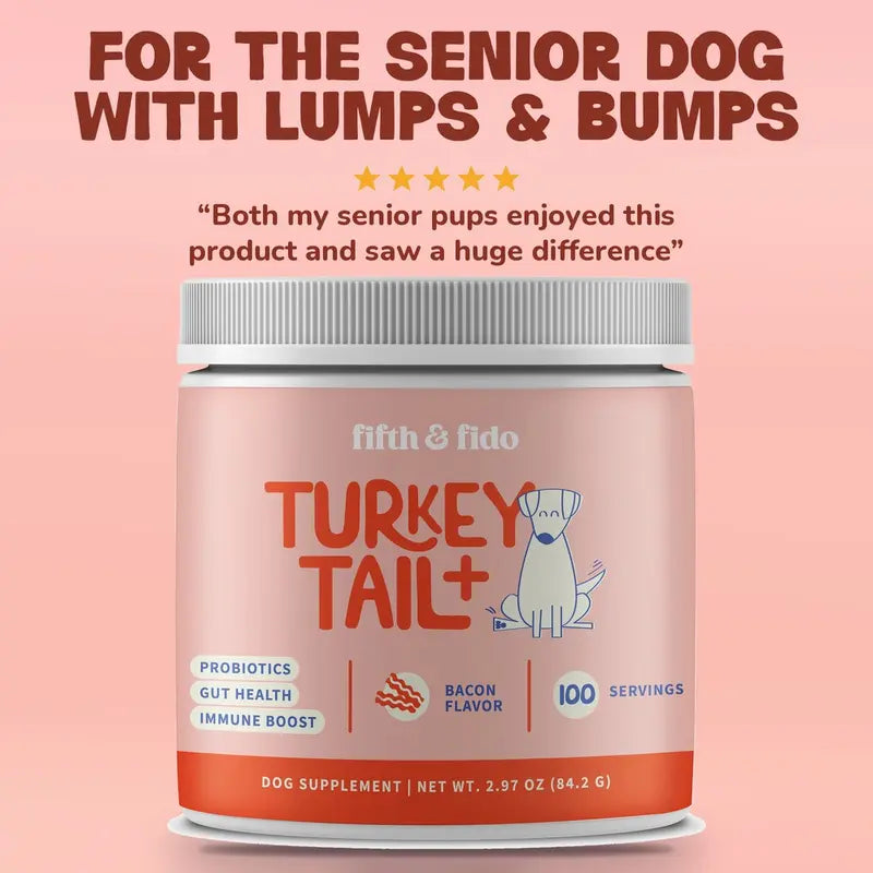 Fifth and Fido Turkey Tail-Reishi Mushrooms Dog Food Topper, Bacon Flavor, Probiotic Supplement, Universal for Dogs, Supports Immune & Gut Health, 500Mg per Scoop, Made in USA